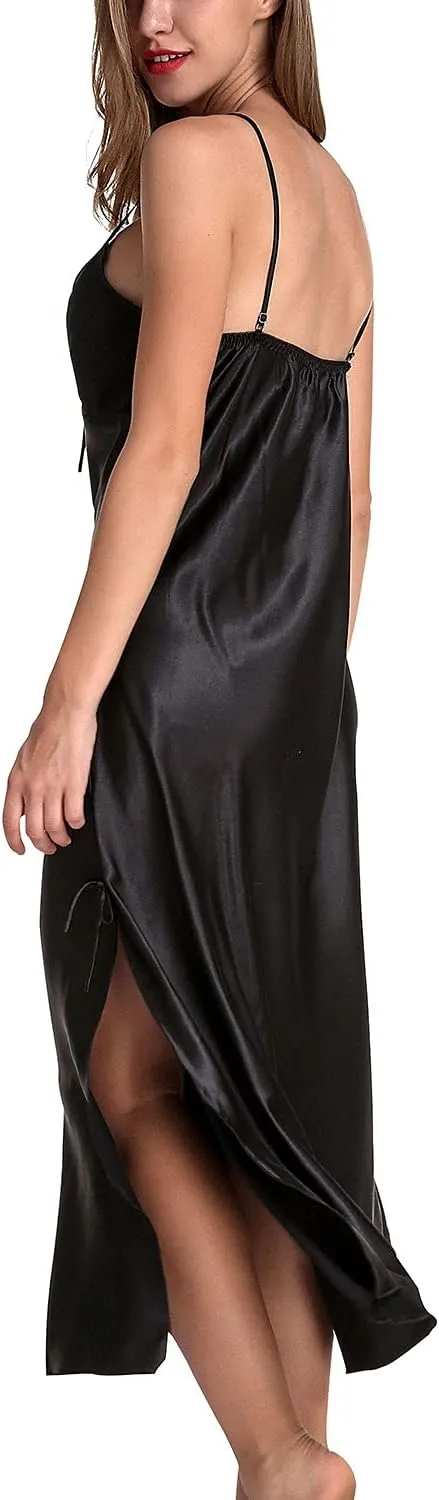 Lu's Chic Women's Satin Nightgown Dress Silk Lace Sleeveless Long Chemise Lingerie Sleepwear