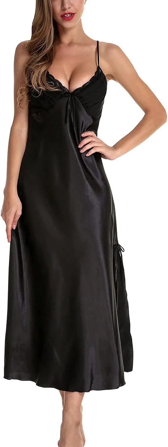 Lu's Chic Women's Satin Nightgown Dress Silk Lace Sleeveless Long Chemise Lingerie Sleepwear