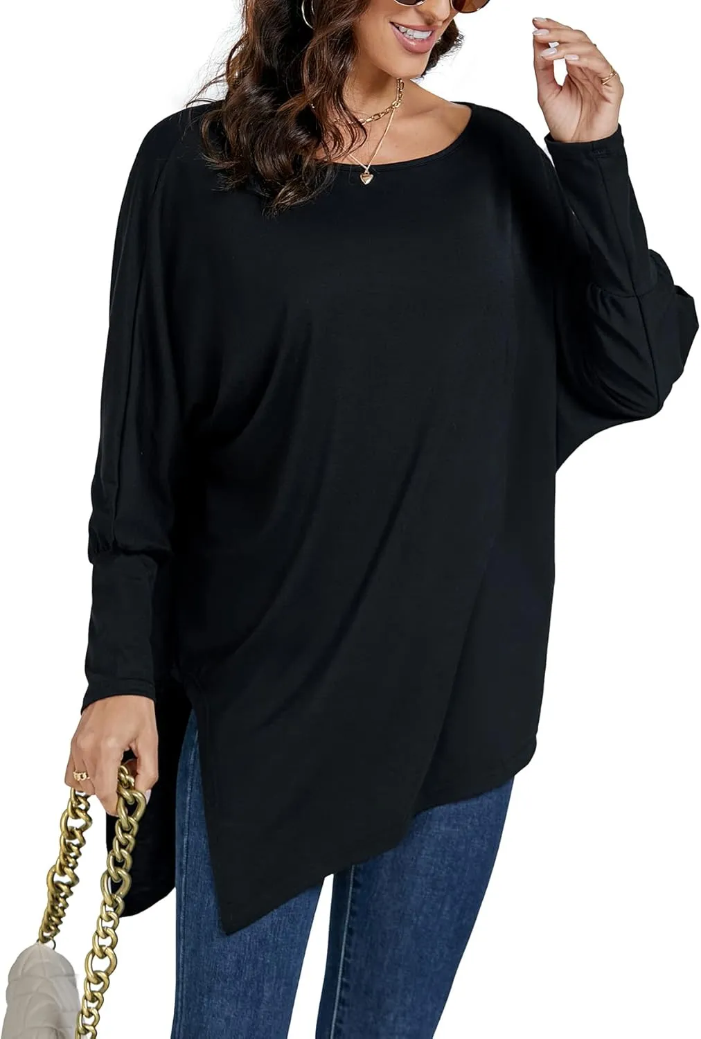 LYANER Women's Boat Neck Asymmetrical Hem Bat Long Sleeve Split Loose Tunic T-Shirt Top