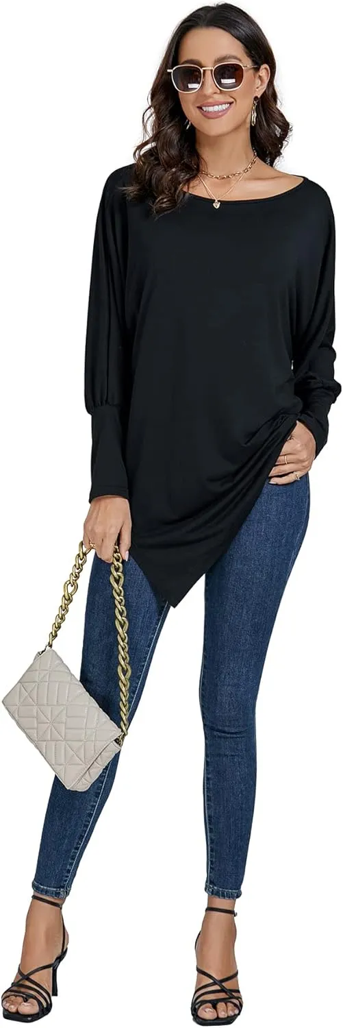 LYANER Women's Boat Neck Asymmetrical Hem Bat Long Sleeve Split Loose Tunic T-Shirt Top