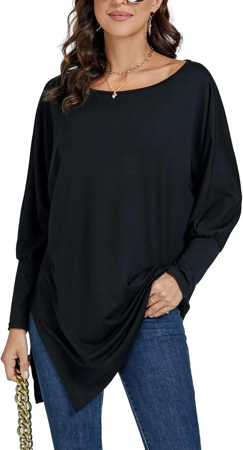 LYANER Women's Boat Neck Asymmetrical Hem Bat Long Sleeve Split Loose Tunic T-Shirt Top