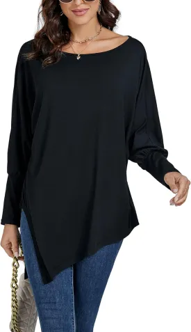 LYANER Women's Boat Neck Asymmetrical Hem Bat Long Sleeve Split Loose Tunic T-Shirt Top