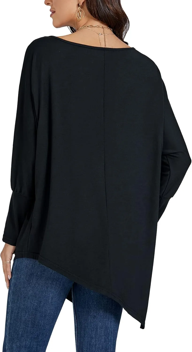 LYANER Women's Boat Neck Asymmetrical Hem Bat Long Sleeve Split Loose Tunic T-Shirt Top
