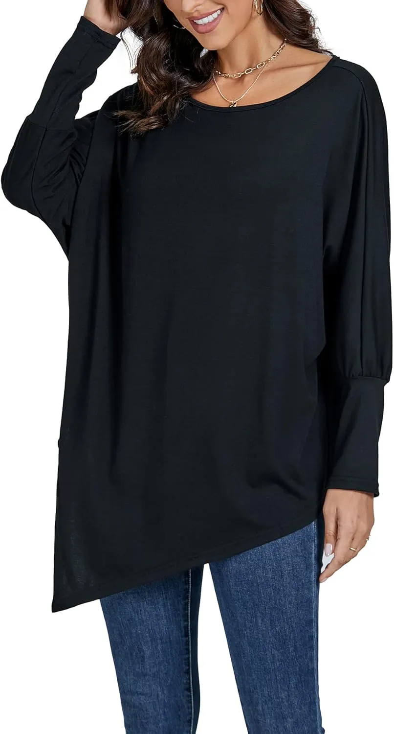 LYANER Women's Boat Neck Asymmetrical Hem Bat Long Sleeve Split Loose Tunic T-Shirt Top