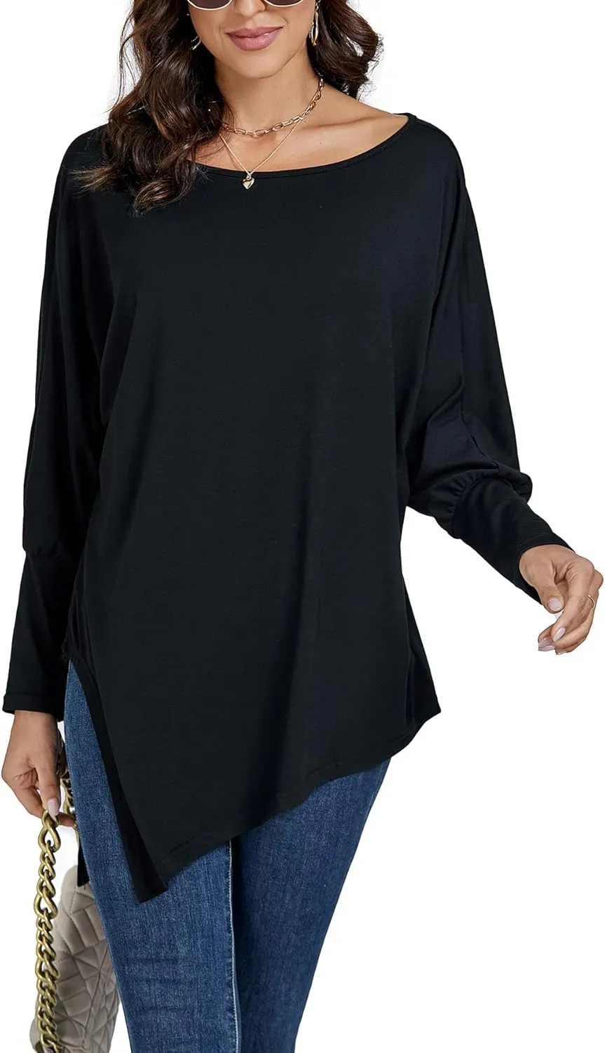 LYANER Women's Boat Neck Asymmetrical Hem Bat Long Sleeve Split Loose Tunic T-Shirt Top