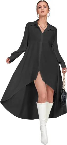 LYANER Women's Collar Button Down Flowy High Low Hem Long Sleeve Blouse Shirt Top