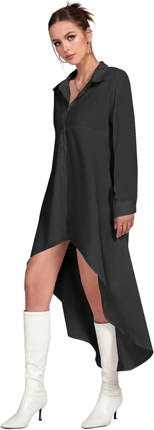 LYANER Women's Collar Button Down Flowy High Low Hem Long Sleeve Blouse Shirt Top