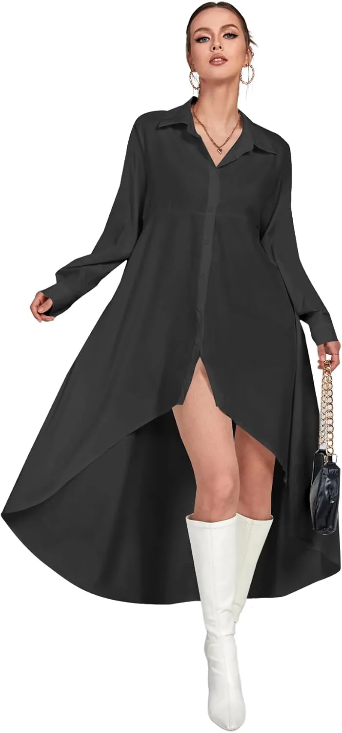 LYANER Women's Collar Button Down Flowy High Low Hem Long Sleeve Blouse Shirt Top