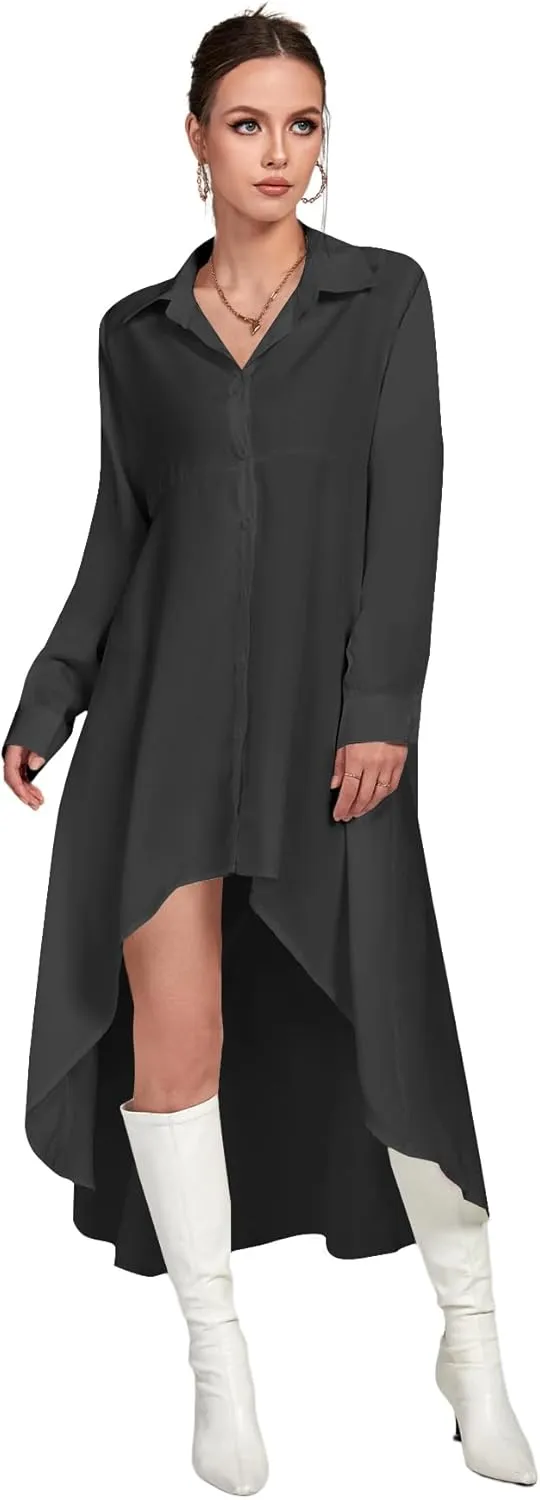 LYANER Women's Collar Button Down Flowy High Low Hem Long Sleeve Blouse Shirt Top