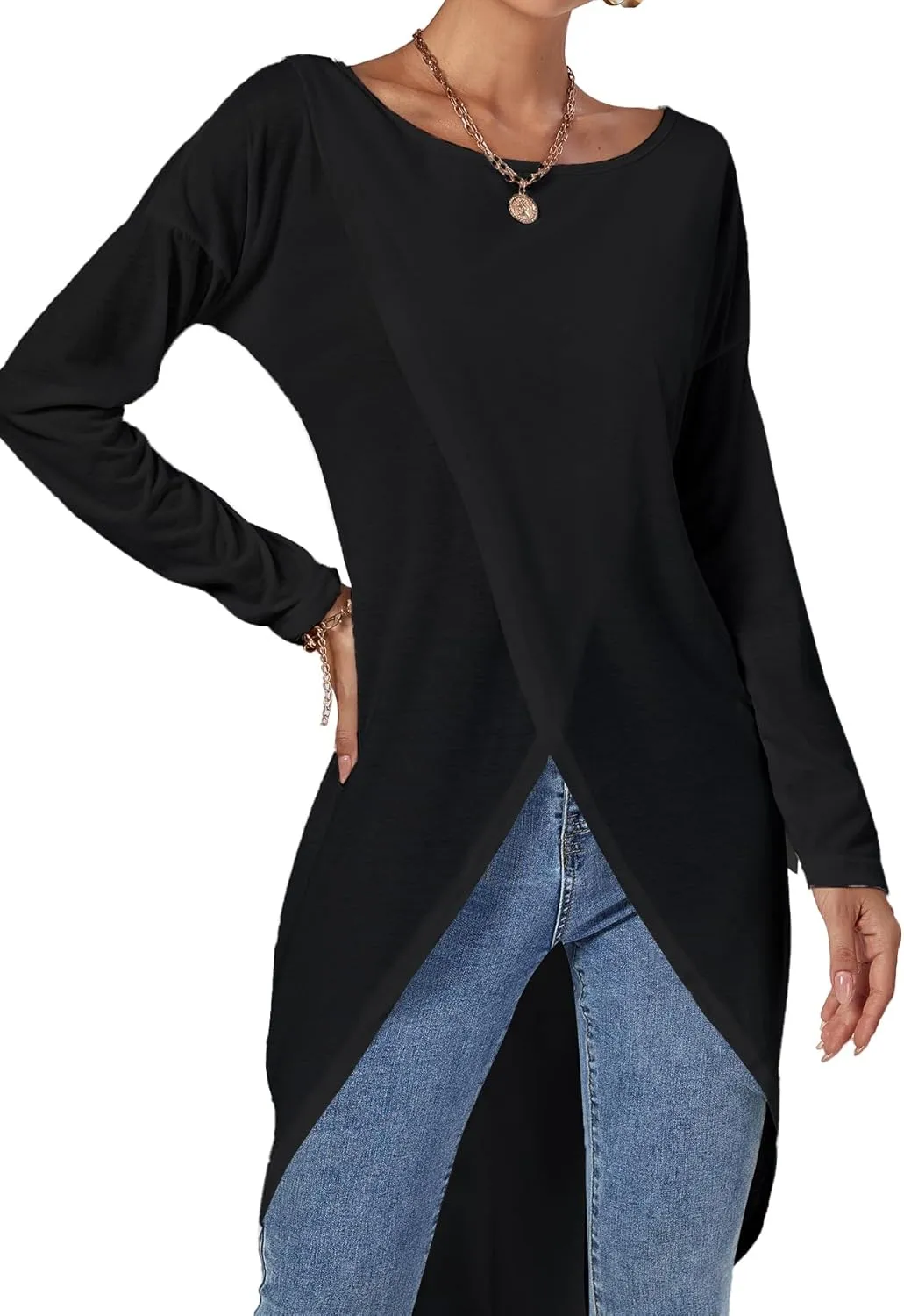 LYANER Women's High Low Hem Split Wrap Front Long Sleeve Tunic Long Shirt Blouse Top