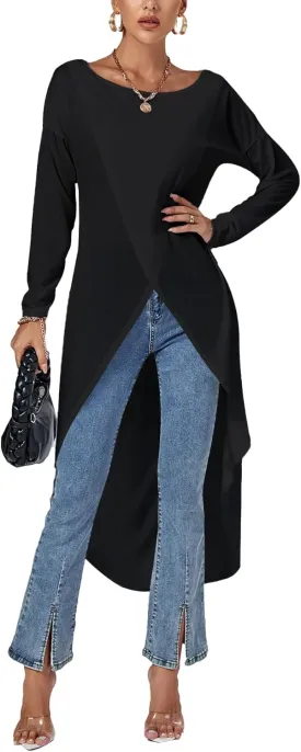 LYANER Women's High Low Hem Split Wrap Front Long Sleeve Tunic Long Shirt Blouse Top