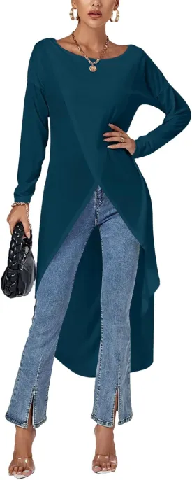 LYANER Women's High Low Hem Split Wrap Front Long Sleeve Tunic Long Shirt Blouse Top
