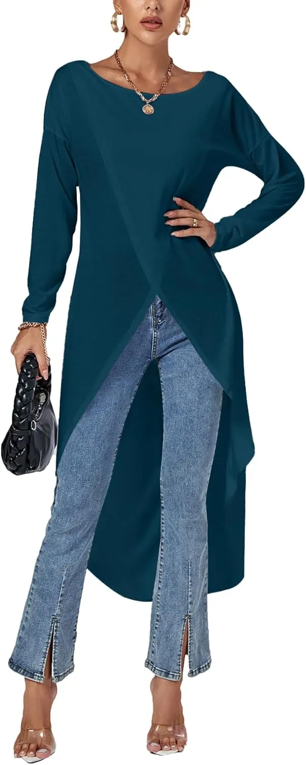 LYANER Women's High Low Hem Split Wrap Front Long Sleeve Tunic Long Shirt Blouse Top