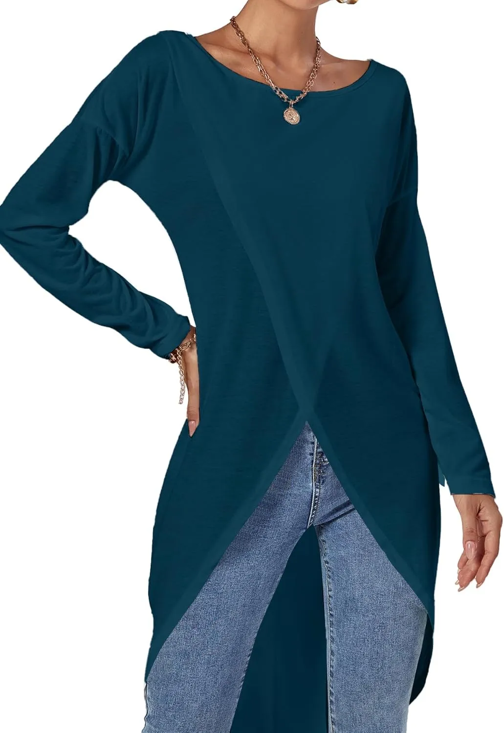 LYANER Women's High Low Hem Split Wrap Front Long Sleeve Tunic Long Shirt Blouse Top