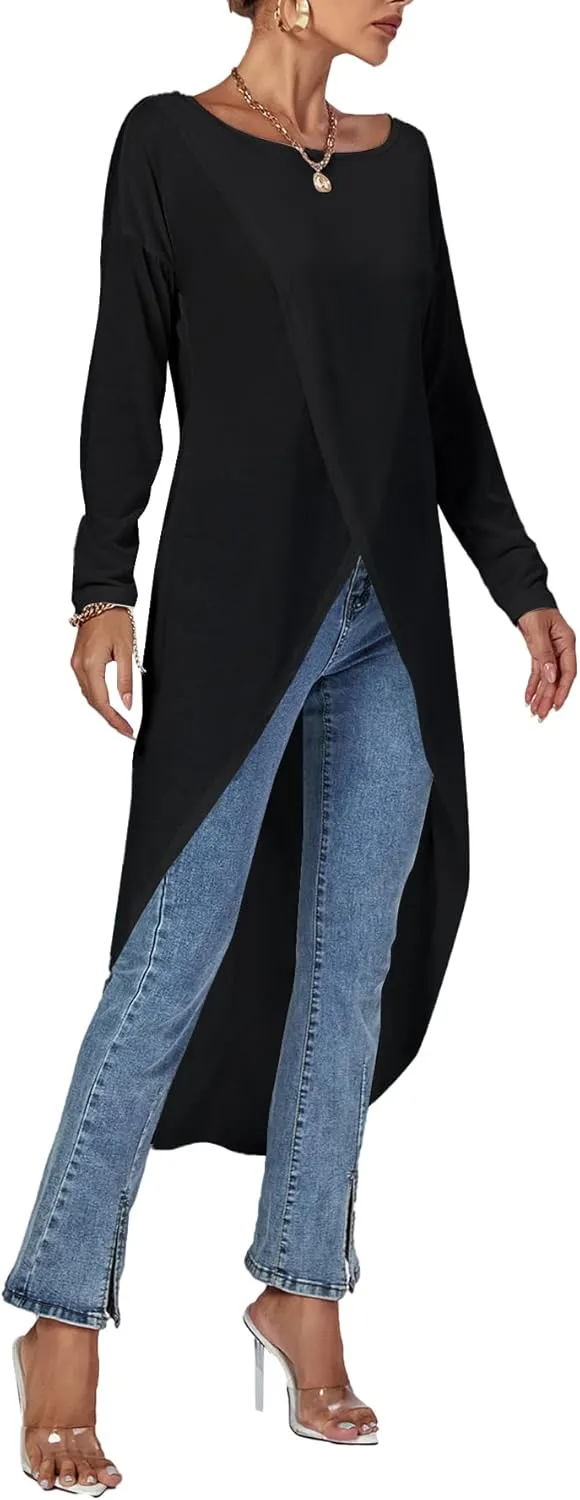 LYANER Women's High Low Hem Split Wrap Front Long Sleeve Tunic Long Shirt Blouse Top