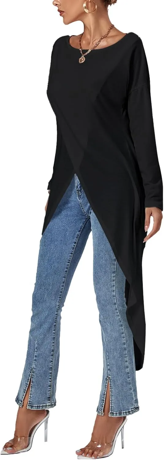 LYANER Women's High Low Hem Split Wrap Front Long Sleeve Tunic Long Shirt Blouse Top