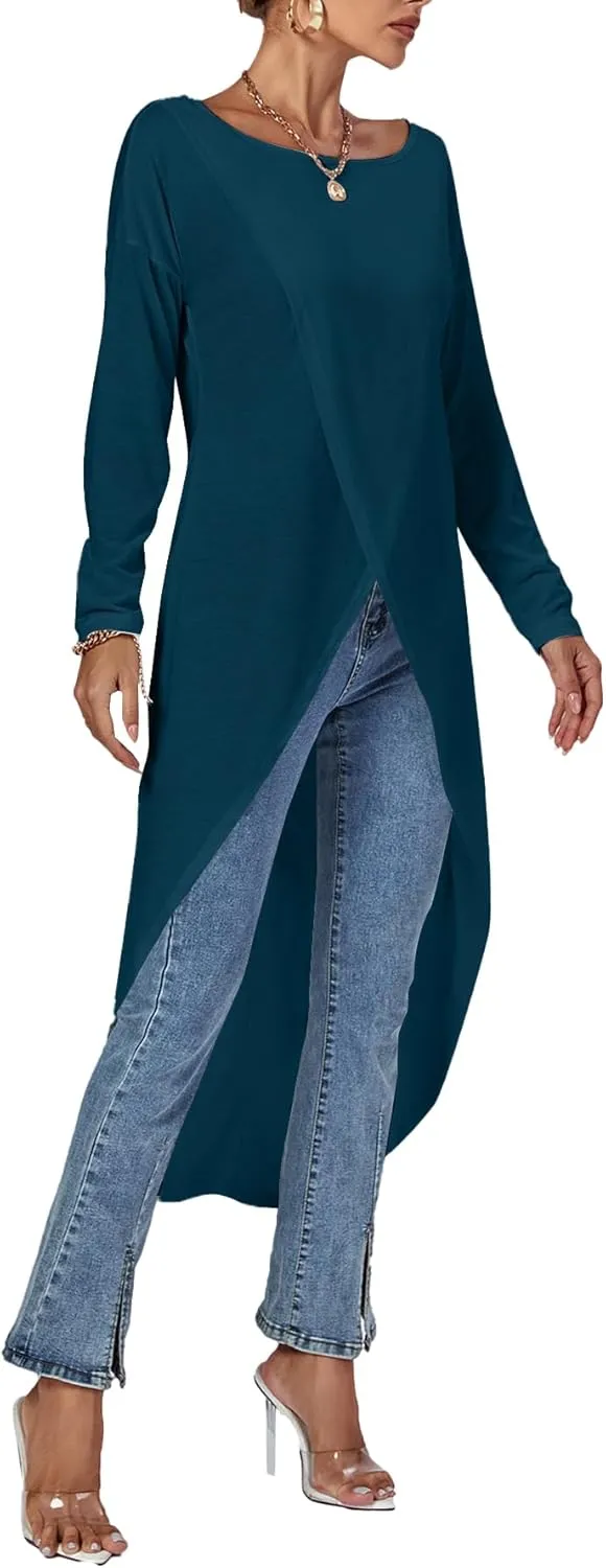 LYANER Women's High Low Hem Split Wrap Front Long Sleeve Tunic Long Shirt Blouse Top