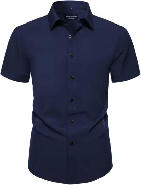 Manwan walk Men's Short Sleeve Casual Button-Down Solid Slim Fit Business Formal Shirts