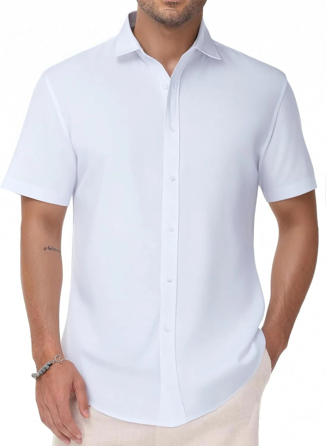 Manwan walk Men's Short Sleeve Casual Button-Down Solid Slim Fit Business Formal Shirts
