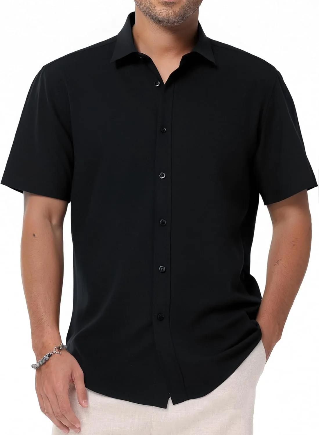 Manwan walk Men's Short Sleeve Casual Button-Down Solid Slim Fit Business Formal Shirts