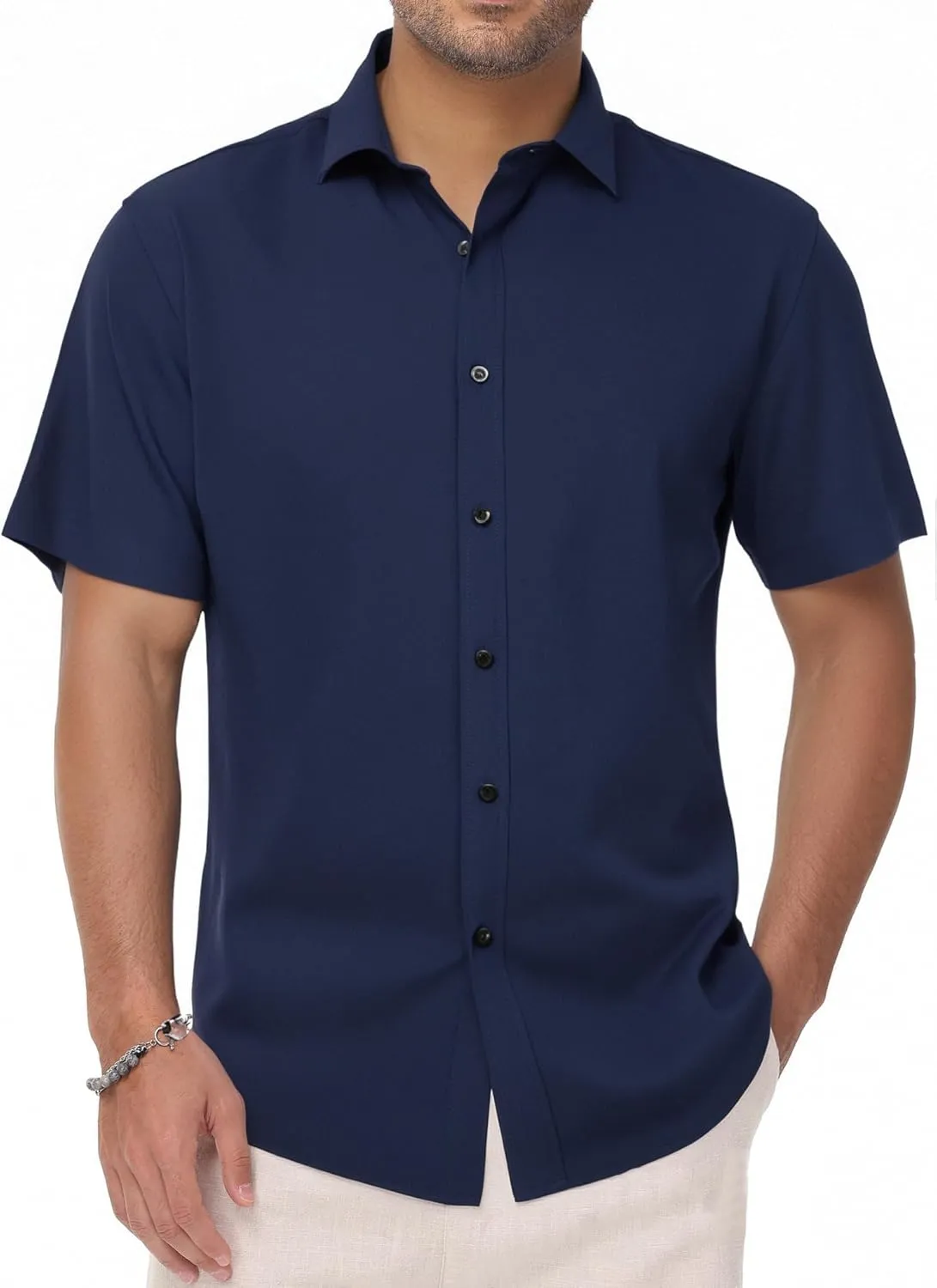 Manwan walk Men's Short Sleeve Casual Button-Down Solid Slim Fit Business Formal Shirts