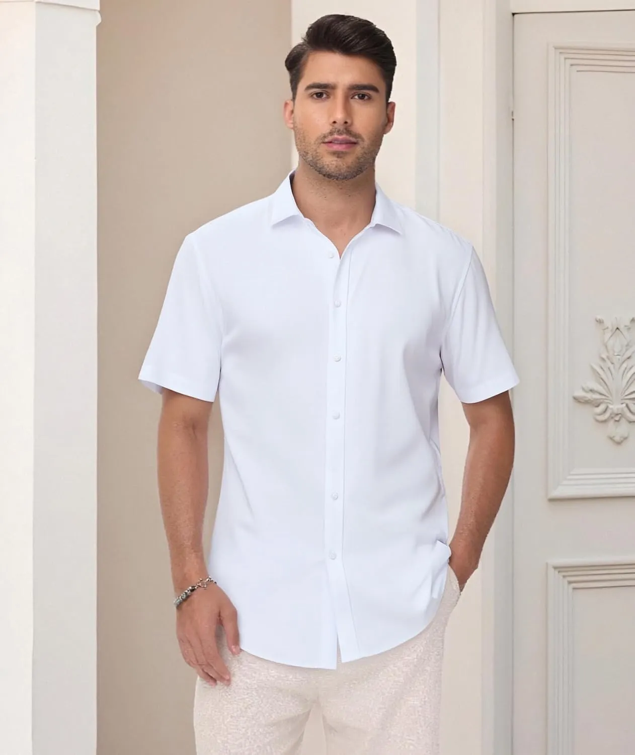 Manwan walk Men's Short Sleeve Casual Button-Down Solid Slim Fit Business Formal Shirts