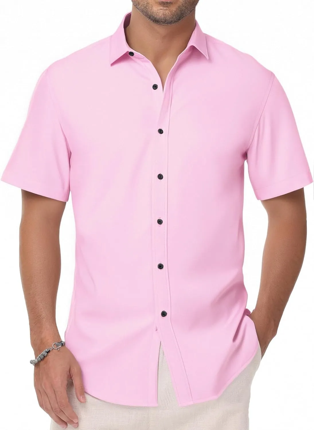 Manwan walk Men's Short Sleeve Casual Button-Down Solid Slim Fit Business Formal Shirts