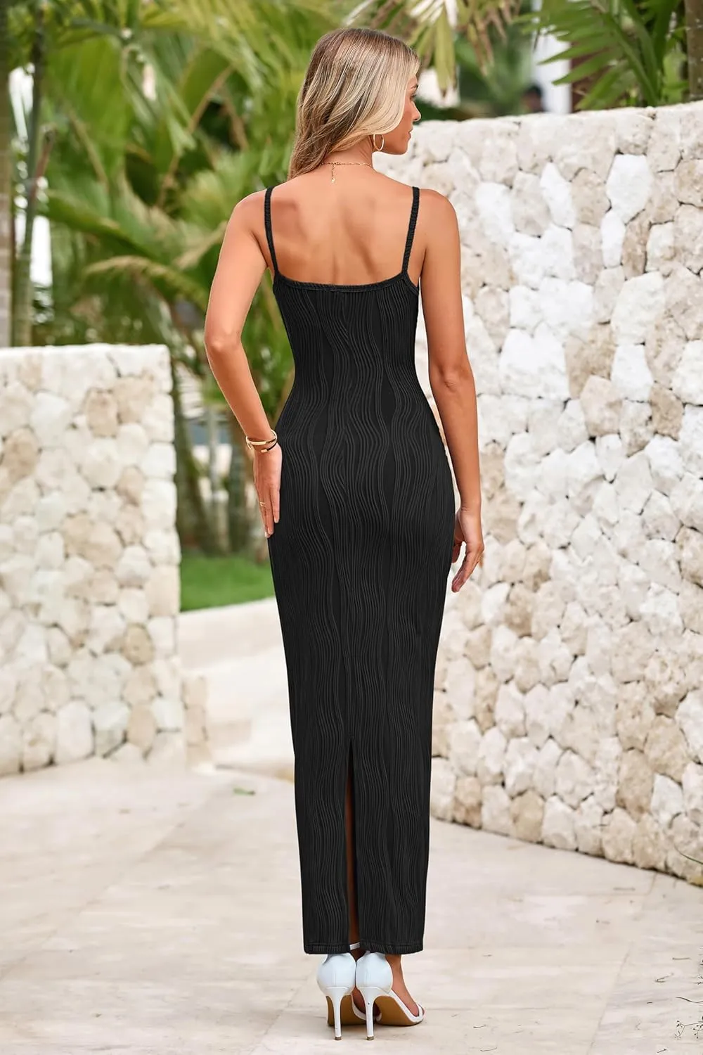 MASCOMODA Women 2025 Summer Sexy Bodycon Maxi Dress Spaghetti Strap Knit Fitted Tight Sleeveless Party Slip Long Dresses