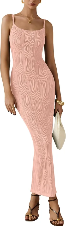 MASCOMODA Women 2025 Summer Sexy Bodycon Maxi Dress Spaghetti Strap Knit Fitted Tight Sleeveless Party Slip Long Dresses