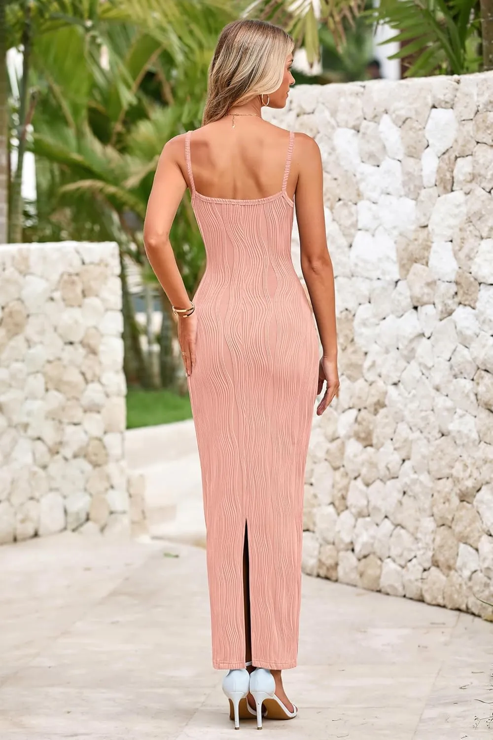 MASCOMODA Women 2025 Summer Sexy Bodycon Maxi Dress Spaghetti Strap Knit Fitted Tight Sleeveless Party Slip Long Dresses