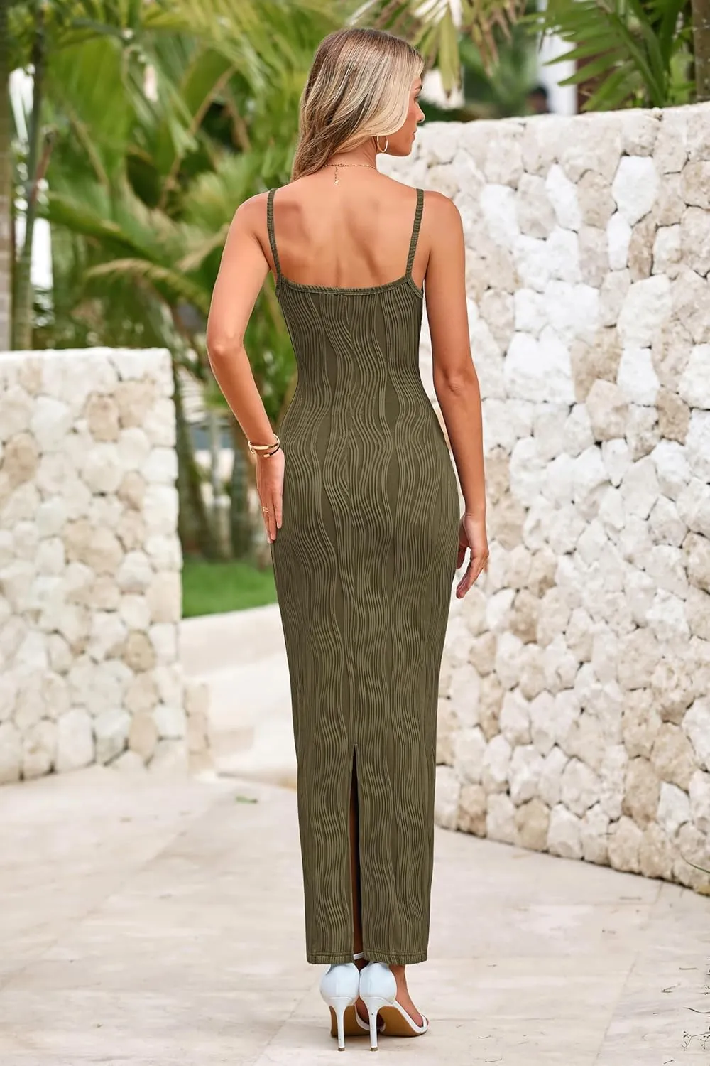 MASCOMODA Women 2025 Summer Sexy Bodycon Maxi Dress Spaghetti Strap Knit Fitted Tight Sleeveless Party Slip Long Dresses
