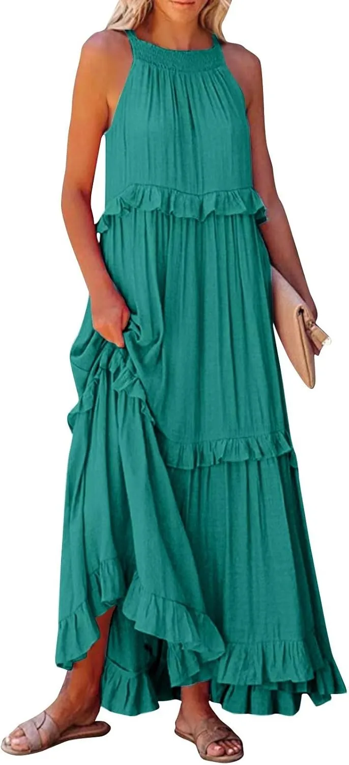 Maxi Dresses for Women 2025 Summer Sleeveless Halter Neck Tea Party Flowy Vacation Tiered Loose Long Dress