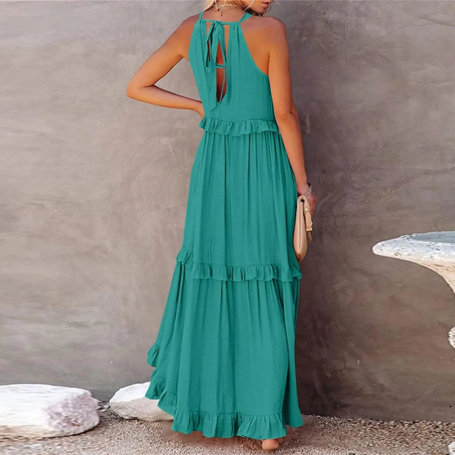 Maxi Dresses for Women 2025 Summer Sleeveless Halter Neck Tea Party Flowy Vacation Tiered Loose Long Dress