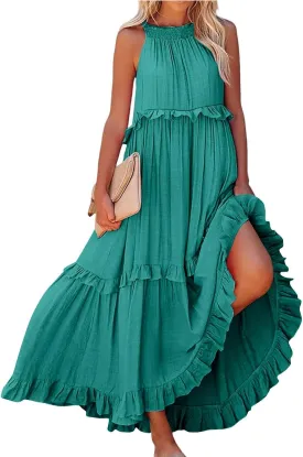 Maxi Dresses for Women 2025 Summer Sleeveless Halter Neck Tea Party Flowy Vacation Tiered Loose Long Dress