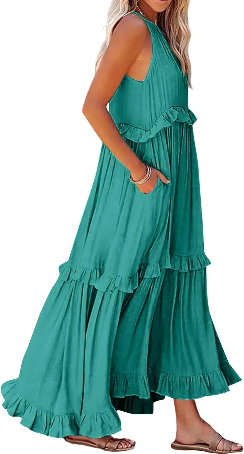Maxi Dresses for Women 2025 Summer Sleeveless Halter Neck Tea Party Flowy Vacation Tiered Loose Long Dress