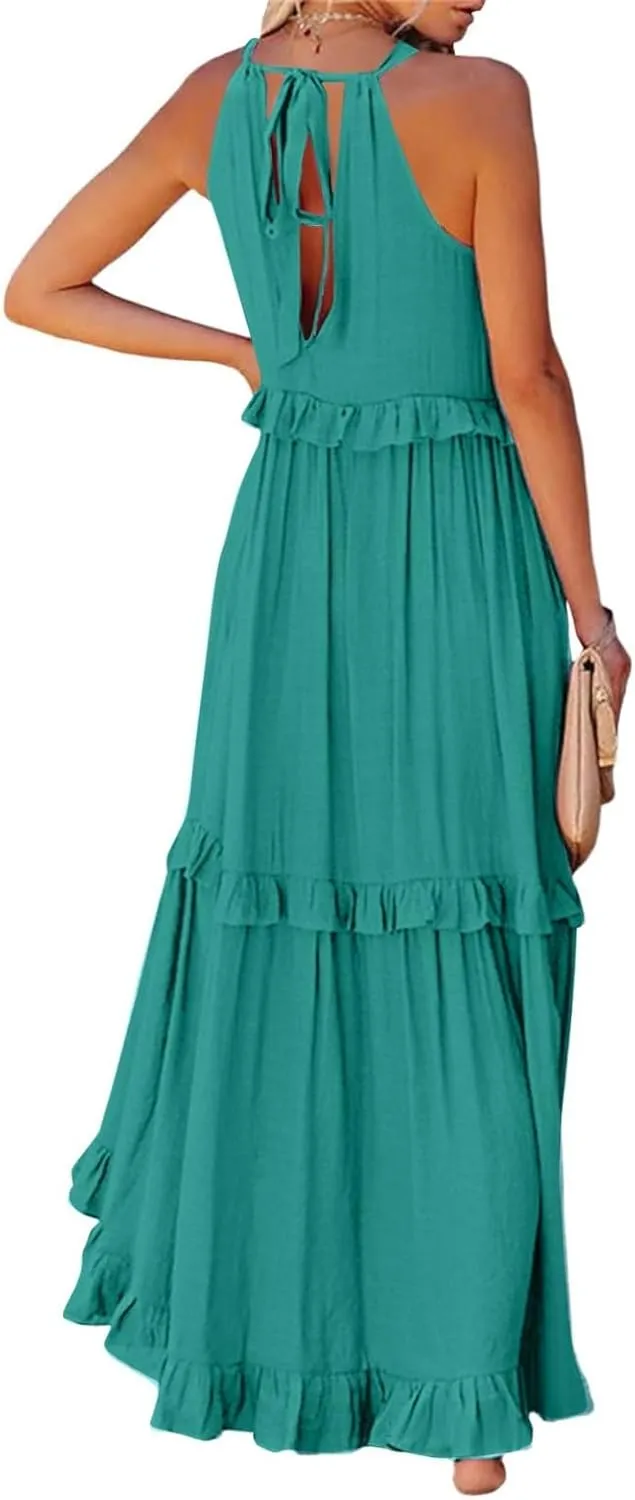 Maxi Dresses for Women 2025 Summer Sleeveless Halter Neck Tea Party Flowy Vacation Tiered Loose Long Dress