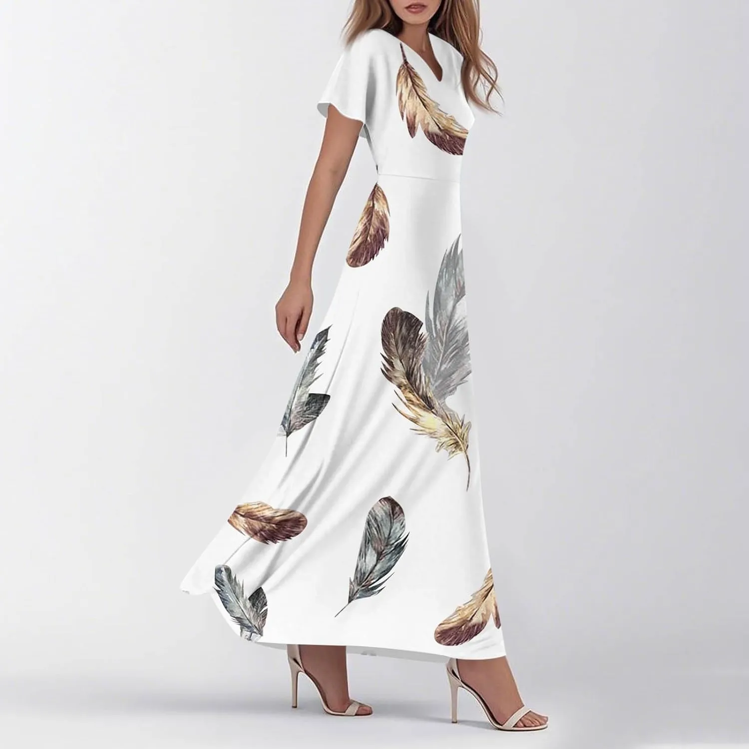 Maxi Dresses for Women,2025 Summer Elegant V Neck Short Sleeve Floral Beach Dress,Flowy Ruched Boho Vacation Dress