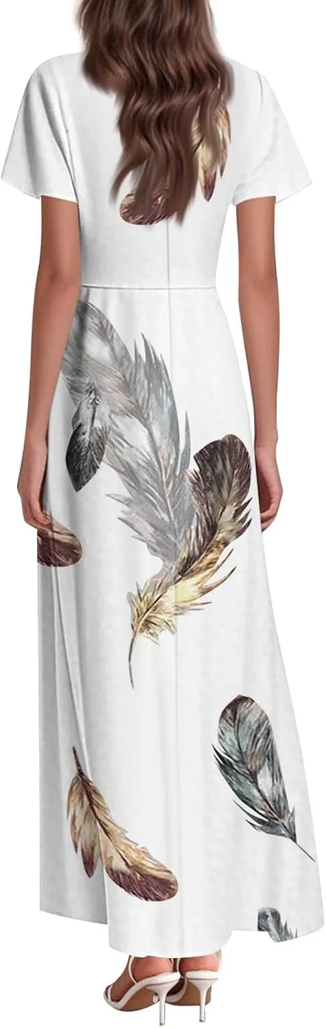 Maxi Dresses for Women,2025 Summer Elegant V Neck Short Sleeve Floral Beach Dress,Flowy Ruched Boho Vacation Dress