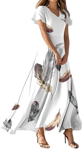 Maxi Dresses for Women,2025 Summer Elegant V Neck Short Sleeve Floral Beach Dress,Flowy Ruched Boho Vacation Dress