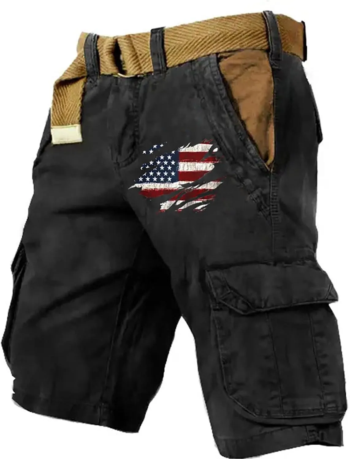 Mens Cargo Shorts Patriotic American Flag Shorts Outdoor Muiti-Pockets Short Jogging Hiking Pants with Zipper