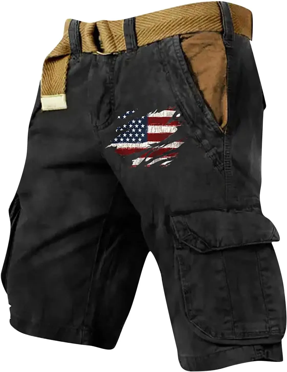 Mens Cargo Shorts Patriotic American Flag Shorts Outdoor Muiti-Pockets Short Jogging Hiking Pants with Zipper