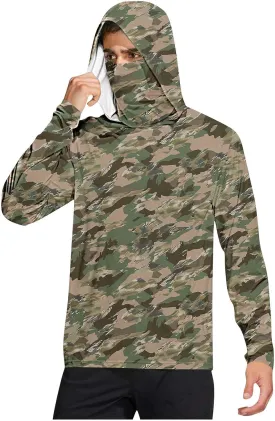 Mens UPF 50  Fishing Shirts Tops Long Sleeve UV Sun Protection Rash Guard Lightweight Sun Hoodie with Face Mask