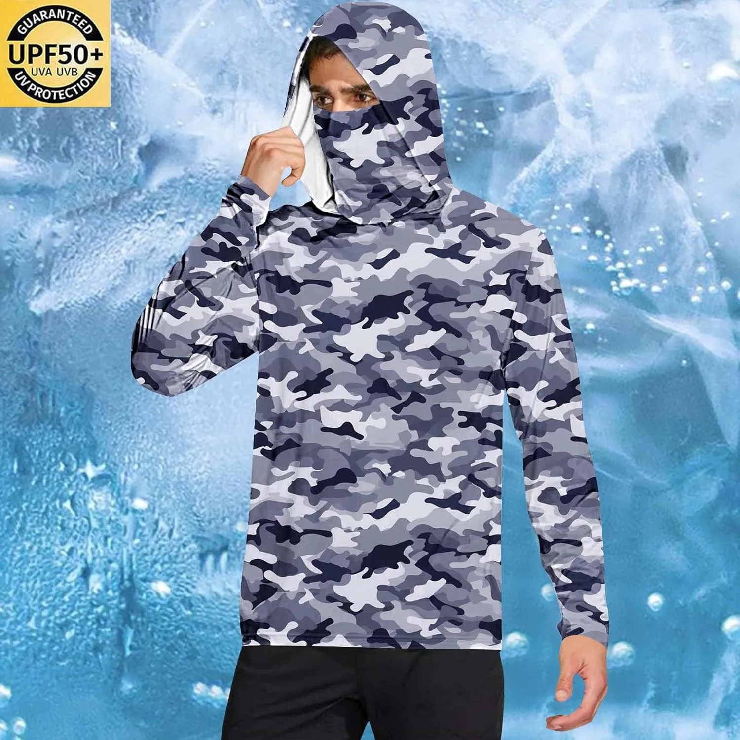 Mens UPF 50  Fishing Shirts Tops Long Sleeve UV Sun Protection Rash Guard Lightweight Sun Hoodie with Face Mask
