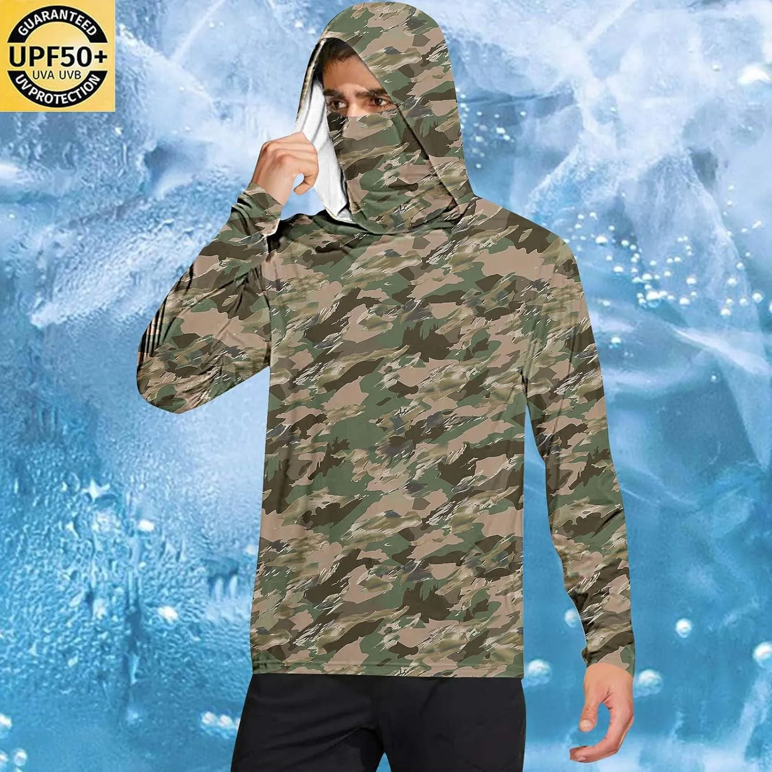 Mens UPF 50  Fishing Shirts Tops Long Sleeve UV Sun Protection Rash Guard Lightweight Sun Hoodie with Face Mask