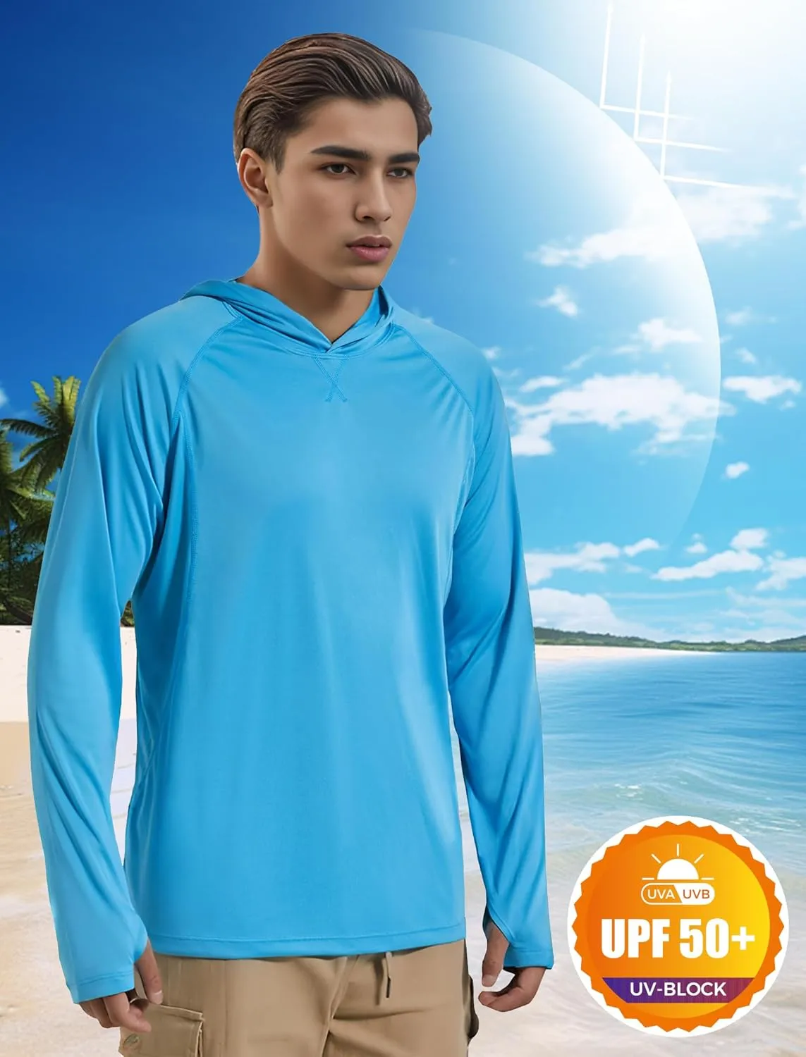 Men's UPF 50  Sun Protection Hoodie Fishing Shirts Long Sleeve Rash Guard SPF UV Shirt with Thumbhole