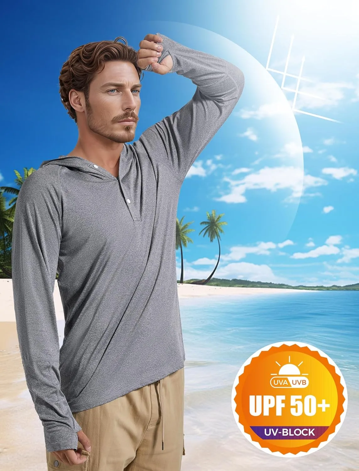 Men's UPF 50  Sun Protection Hoodie Fishing Shirts Long Sleeve Rash Guard SPF UV Shirt with Thumbhole