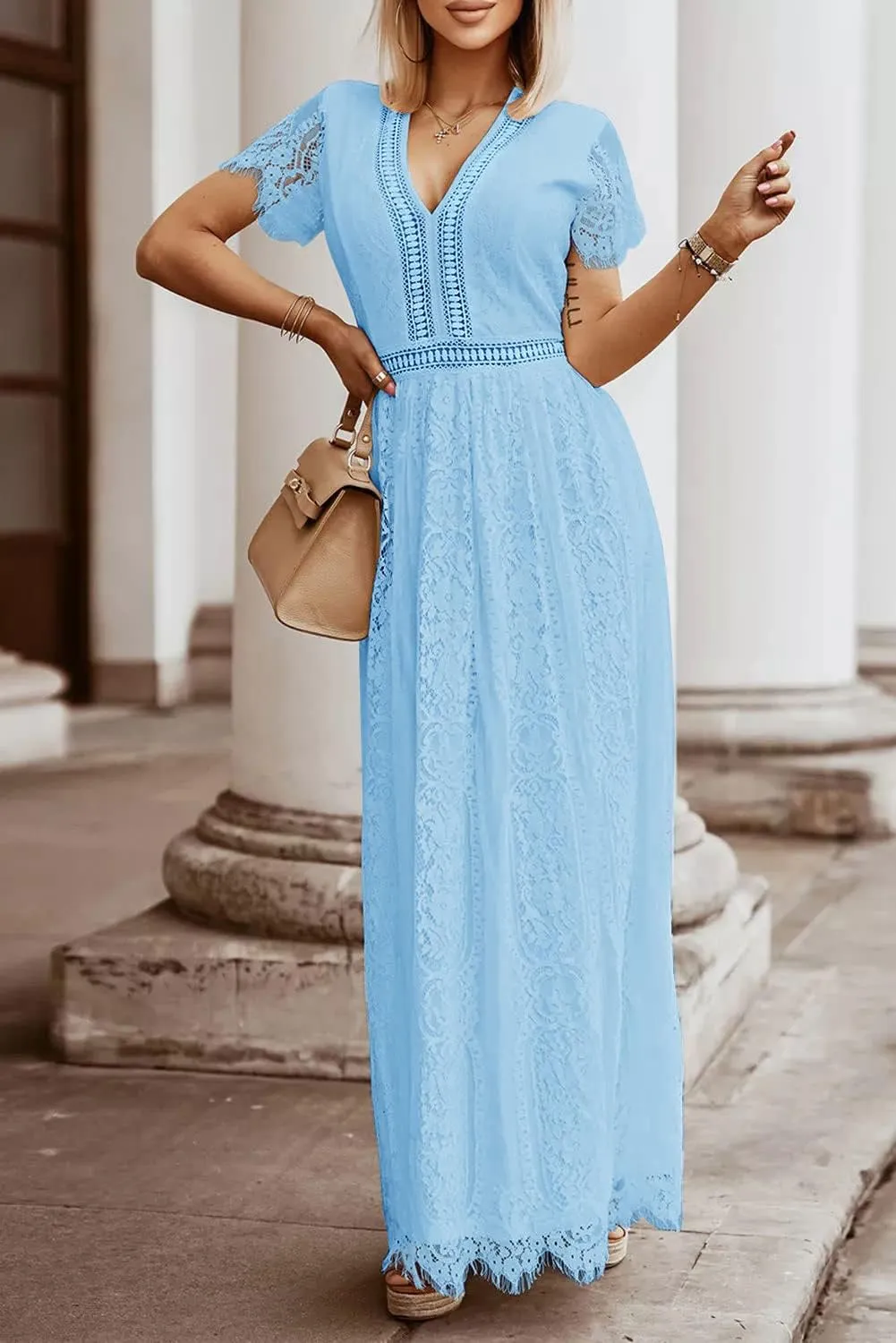 MEROKEETY Women's V Neck Short Sleeve Floral Lace Wedding Dress Bridesmaid Cocktail Party Maxi Dress