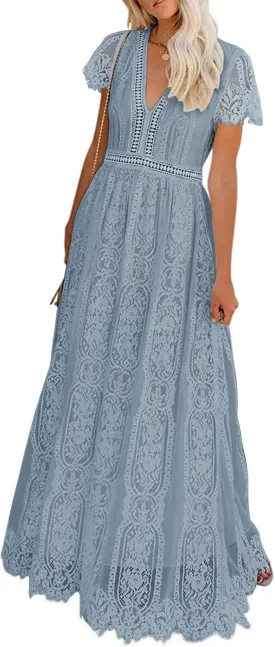 MEROKEETY Women's V Neck Short Sleeve Floral Lace Wedding Dress Bridesmaid Cocktail Party Maxi Dress