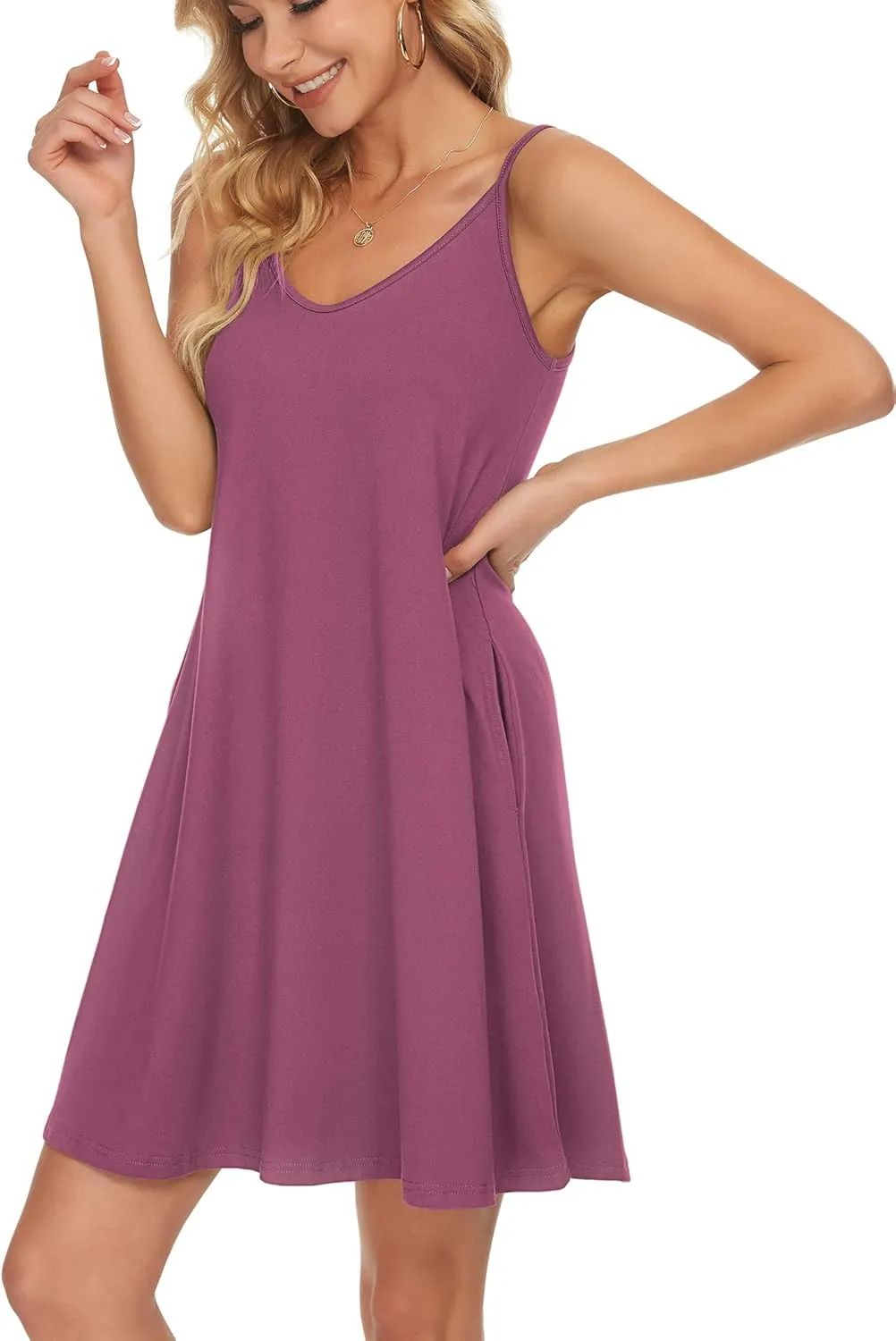 MISFAY Women's Summer Spaghetti Strap Casual Swing Tank Beach Cover Up Dress with Pockets