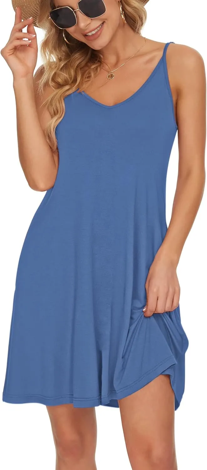 MISFAY Women's Summer Spaghetti Strap Casual Swing Tank Beach Cover Up Dress with Pockets